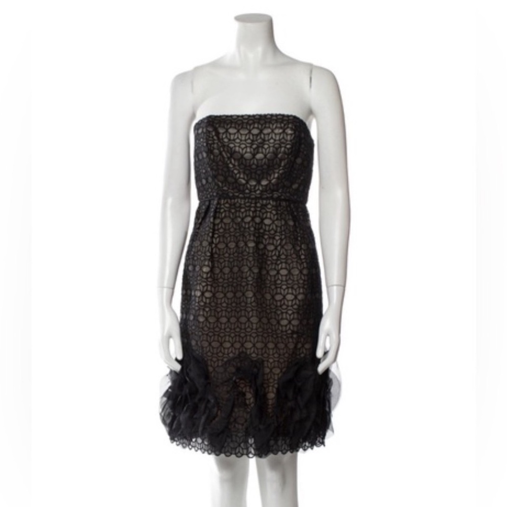 Milly NY Strapless Black Lace Cocktail Dress Ruffle Hem Designer SZ 8 Black Tie